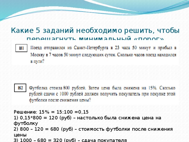 Какие 5 заданий необходимо решить, чтобы перешагнуть минимальный «порог» Решение: 15% = 15:100 =0,15 1) 0,15*800 = 120 (руб) – настолько была снижена цена на футболку 2) 800 – 120 = 680 (руб) – стоимость футболки после снижения цены 3) 1000 – 680 = 320 (руб) – сдача покупателя