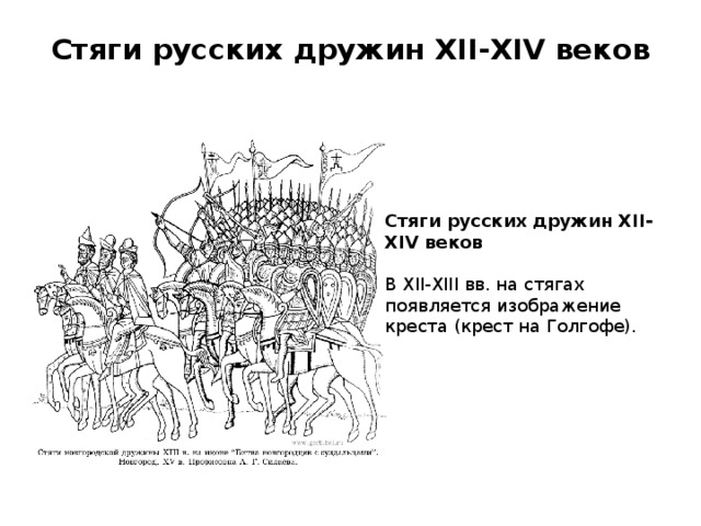 Стяги русских дружин XII-XIV веков   Стяги русских дружин XII-XIV веков   В XII-XIII вв. на стягах появляется изображение креста (крест на Голгофе). 