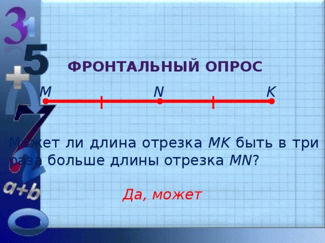 Фронтальный опрос M N K Может ли длина отрезка MK быть в три раза больше длины отрезка MN ? Да, может