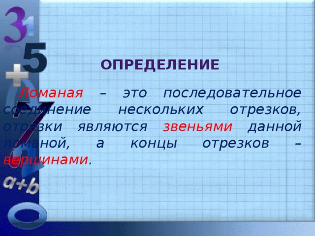 определение  Ломаная – это последовательное соединение нескольких отрезков,  отрезки являются звеньями данной ломаной, а концы отрезков – вершинами .