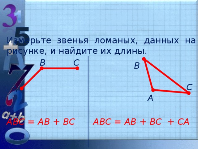 Измерьте звенья ломаных, данных на рисунке, и найдите их длины. В С В С А А АВС = АВ + ВС  АВС = АВ + ВС + СА