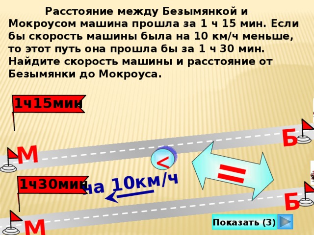 на 10км/ч Б = М Б М  Расстояние между Безымянкой и Мокроусом машина прошла за 1 ч 15 мин. Если бы скорость машины была на 10 км/ч меньше, то этот путь она прошла бы за 1 ч 30 мин. Найдите скорость машины и расстояние от Безымянки до Мокроуса. 1ч15мин 1ч30мин Показать (3) 14