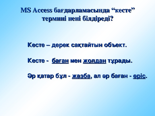 MS Access бағдарламасында “кесте” термині нені білдіреді? Кесте – дерек сақтайтын объект. Кесте -  баған мен жолдан тұрады. Әр қатар бұл - жазба , ал әр баған - өріс .