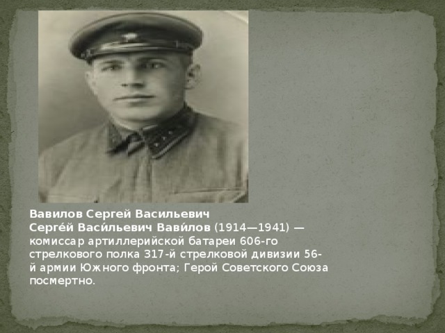 Вавилов Сергей Васильевич Серге́й Васи́льевич Вави́лов  (1914—1941) — комиссар артиллерийской батареи 606-го стрелкового полка 317-й стрелковой дивизии 56-й армии Южного фронта; Герой Советского Союза посмертно.