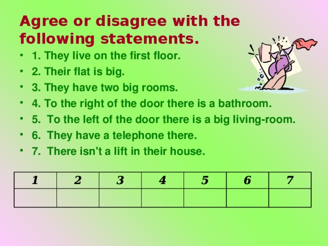 Agree or disagree with the following statements.   1. They live on the first floor. 2. Their flat is big. 3. They have two big rooms. 4. To the right of the door there is a bathroom. 5. To the left of the door there is a big living-room. 6. They have a telephone there. 7. There isn't a lift in their house.  1 1 2 2 3 3 4 4 5 5 6 6 7 7