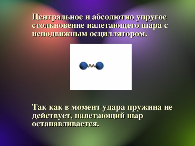 Центральное и абсолютно упругое столкновение налетающего шара с неподвижным осциллятором.        Так как в момент удара пружина не действует, налетающий шар останавливается.