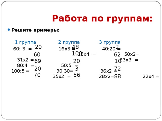 Работа по группам: Решите примеры:   1 группа 2 группа 3 группа  60: 3 = 16х3 = 40:20 = 15х4 = 50х2= 31х2 = 23х3 = 80:4 = 50:5 = 100:5 = 90:30= 36х2 = 35х2 = 28х2= 22х4 = 2   20 48 100 62  60 10  69  20 3 20 72 70 56 88