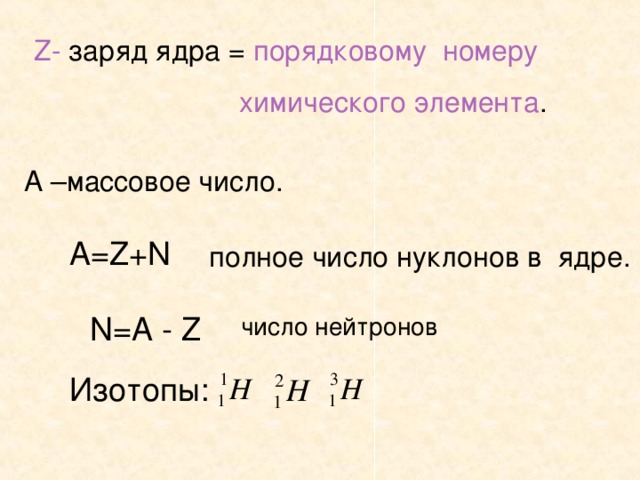 Z - заряд ядра = порядковому номеру  химического элемента . А –массовое число. А= Z+N  полное число нуклонов в ядре. N =А - Z число нейтронов Изотопы: