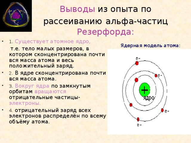 Выводы из опыта  по рассеиванию  альфа-частиц Резерфорда: 1.  Существует атомное ядро,   т.е. тело малых размеров, в котором сконцентрирована почти вся масса атома и весь положительный заряд. 2. В ядре сконцентрирована почти вся масса атома. 3.  Вокруг ядра по замкнутым орбитам вращаются отрицательные частицы- электроны.  4. отрицательный заряд всех электронов распределён по всему объёму атома.   Ядерная модель атома: