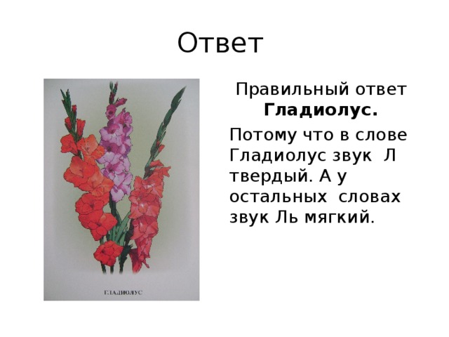 Ответ Правильный ответ Гладиолус. Потому что в слове Гладиолус звук Л твердый. А у остальных словах звук Ль мягкий.