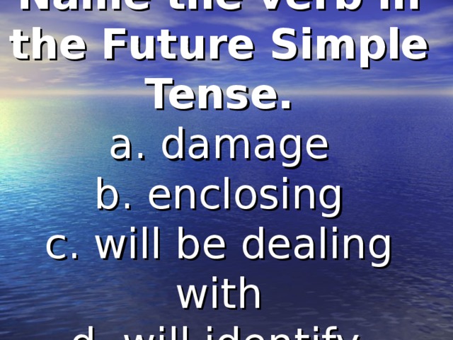 Name the verb in the Future Simple Tense.  a. damage  b. enclosing  c. will be dealing with  d. will identify