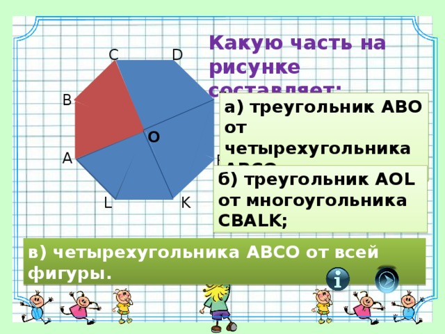 Какую часть на рисунке составляет: C D E B а) треугольник АВО от четырехугольника АВСО; O A F б) треугольник АOL от многоугольника CВАLK; L K в) четырехугольника АВСО от всей фигуры. 11