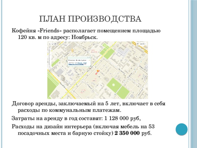 План производства Кофейня «Friends» располагает помещением площадью 120 кв. м по адресу: Ноябрьск. Договор аренды, заключаемый на 5 лет, включает в себя расходы по коммунальным платежам. Затраты на аренду в год составят: 1 128 000 руб, Расходы на дизайн интерьера (включая мебель на 53 посадочных места и барную стойку) 2 350 000 руб.
