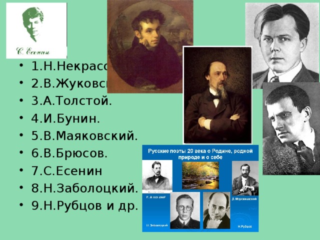 1.Н.Некрасов. 2.В.Жуковский. 3.А.Толстой. 4.И.Бунин. 5.В.Маяковский. 6.В.Брюсов. 7.С.Есенин 8.Н.Заболоцкий. 9.Н.Рубцов и др.