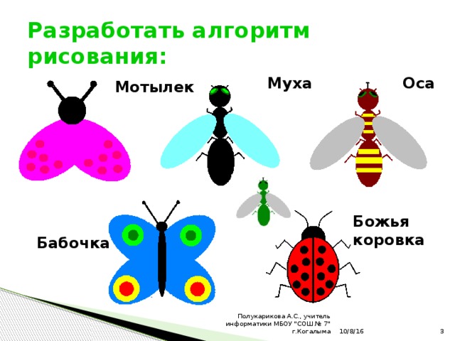 Разработать алгоритм рисования: Оса Муха Мотылек Божья коровка Бабочка 10/8/16  Полукарикова А.С., учитель информатики МБОУ 