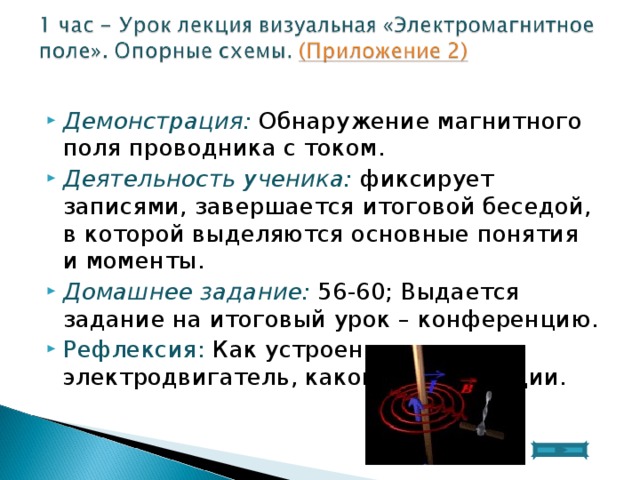 Демонстрация: Обнаружение магнитного поля проводника с током. Деятельность ученика: фиксирует записями, завершается итоговой беседой, в которой выделяются основные понятия и моменты. Домашнее задание: 56-60; Выдается задание на итоговый урок – конференцию. Рефлексия: Как устроен электродвигатель, каковы его функции.