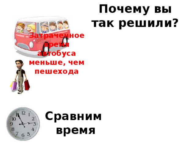 Почему вы так решили? Затраченное время автобуса меньше, чем пешехода Сравним  время