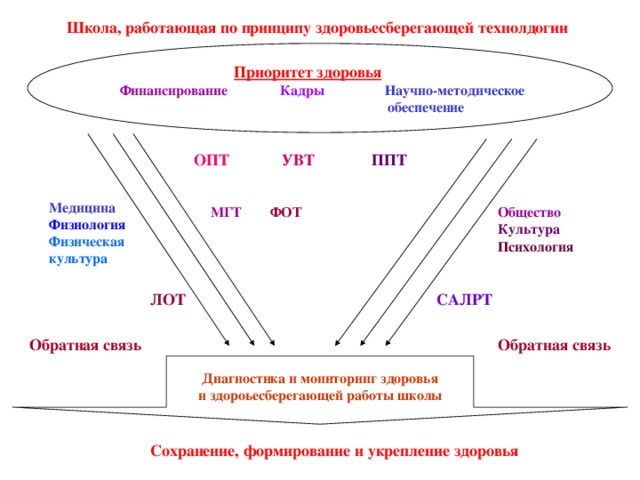 Диагностика и мониторинг здоровья и здороьесберегающей работы школы  Школа, работающая по принципу здоровьесберегающей технолдогии  Приоритет здоровья Финансирование Кадры  Научно-методическое  обеспечение ОПТ  УВТ  ППТ  Медицина Физиология Физическая культура МГТ  ФОТ Общество Культура Психология ЛОТ  САЛРТ Обратная связь Обратная связь Сохранение, формирование и укрепление здоровья