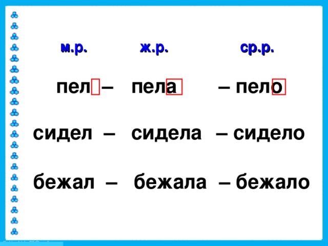 ж.р. м.р. ср.р. пел –  пела  – пело  сидел –  сидела  – сидело  бежал –  бежала  – бежало