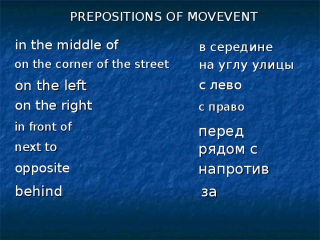 PREPOSITIONS OF MOVEVENT in the middle of в середине на углу улицы on the corner of the street on the left с лево on the right с право in front of перед next to рядом с opposite напротив behind за