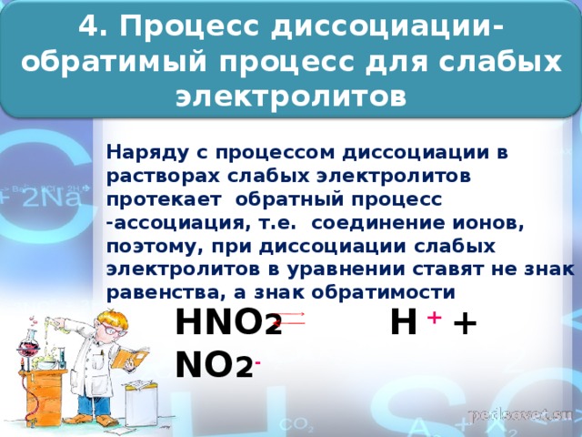 4. Процесс диссоциации- обратимый процесс для слабых электролитов Наряду с процессом диссоциации в растворах слабых электролитов протекает обратный процесс -ассоциация, т.е. соединение ионов, поэтому, при диссоциации слабых электролитов в уравнении ставят не знак равенства, а знак обратимости Н N О 2   Н + + N О 2 -