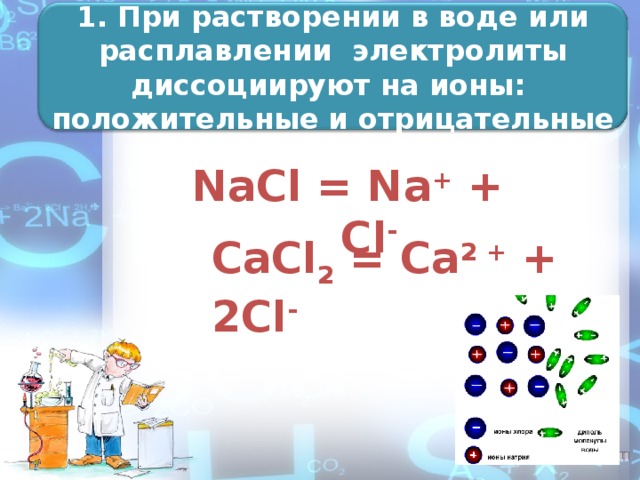 1. При растворении в воде или расплавлении электролиты диссоциируют на ионы: положительные и отрицательные  NaCl = Na + + Cl - CaCl 2 = Ca 2 + + 2Cl -