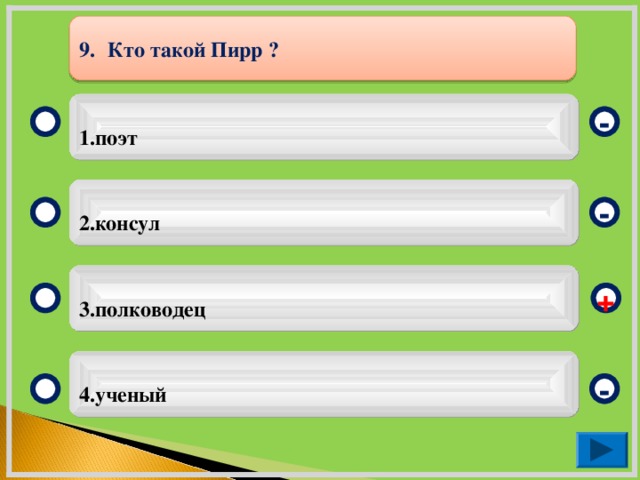 9.  Кто такой Пирр ?  1.поэт -  2.консул -  3.полководец +  4.ученый -