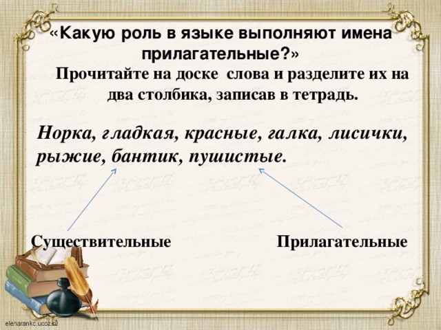 « Какую роль в языке выполняют имена прилагательные?» Прочитайте на доске слова и разделите их на два столбика, записав в тетрадь. Норка, гладкая, красные, галка, лисички, рыжие, бантик, пушистые. Существительные Прилагательные