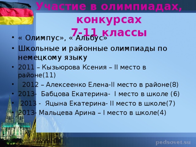 Участие в олимпиадах, конкурсах  7-11 классы « Олимпус», « Альбус» Школьные и районные олимпиады по немецкому языку 2011 – Кызьюрова Ксения – II место в районе(11)  2012 – Алексеенко Елена-II место в районе(8) 2013- Бабцова Екатерина- I место в школе (6)  2013 - Яцына Екатерина- II место в школе(7) 2013- Мальцева Арина – I место в школе(4)  На собрании я знакомлю родителей с достижениями учеников, изучающих немецкий язык.