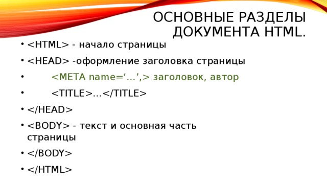 Основные разделы документа HTML.