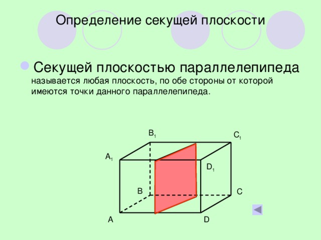 Определение секущей плоскости Секущей плоскостью параллелепипеда называется любая плоскость, по обе стороны от которой имеются точки данного параллелепипеда. B 1 C 1 A 1 D 1 B C D A