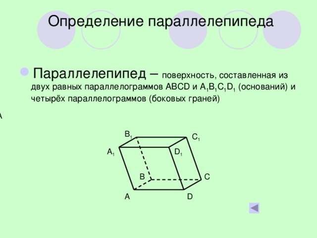 Определение параллелепипеда Параллелепипед – поверхность, составленная из двух равных параллелограммов ABCD и A 1 B 1 C 1 D 1 (оснований) и четырёх параллелограммов (боковых граней) A B 1 C 1 D 1 A 1 B C A D