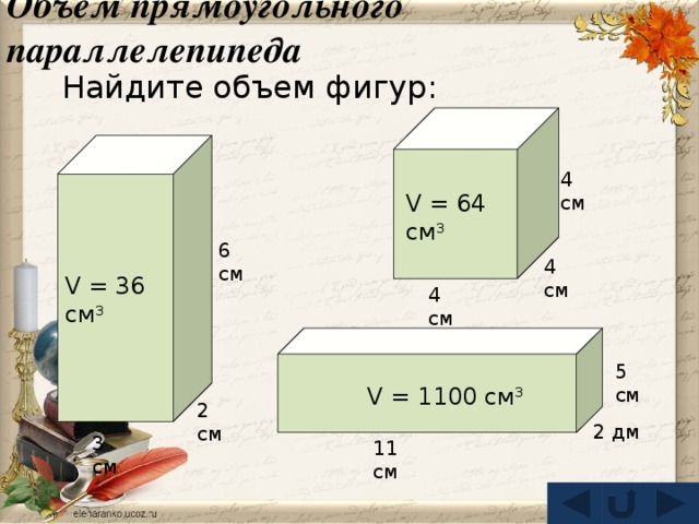 Объем прямоугольного параллелепипеда Найдите объем фигур: 4 см V = 64 см 3 6 см 4 см V = 36 см 3 4 см 5 см V = 1100 см 3 2 см 2 дм 3 см 11 см