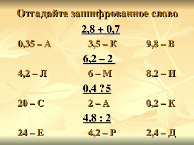 Отгадайте зашифрованное слово      2,8 + 0,7  0,35 – А   3,5 – К   9,8 – В      6,2 – 2  4,2 – Л    6 – М   8,2 – И      0,4 · 5  20 – С    2 – А   0,2 – К       4,8 : 2  24 – Е    4,2 – Р   2,4 – Д