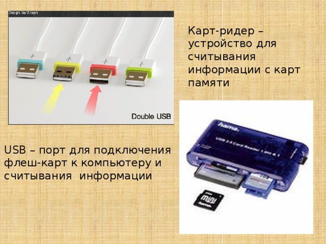 Карт-ридер – устройство для считывания информации с карт памяти USB – порт для подключения флеш-карт к компьютеру и считывания информации