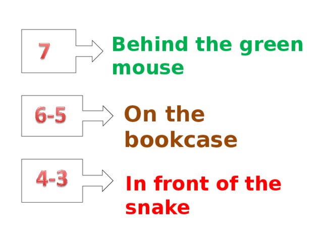 Behind the green mouse On the bookcase In front of the snake