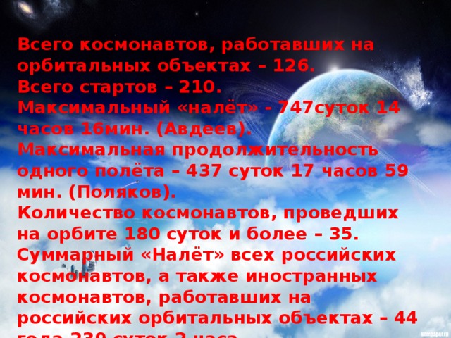 Всего космонавтов, работавших на орбитальных объектах – 126.  Всего стартов – 210.  Максимальный «налёт» - 747суток 14 часов 16мин. (Авдеев).  Максимальная продолжительность одного полёта – 437 суток 17 часов 59 мин. (Поляков).  Количество космонавтов, проведших на орбите 180 суток и более – 35.  Суммарный «Налёт» всех российских космонавтов, а также иностранных космонавтов, работавших на российских орбитальных объектах – 44 года 239 суток 2 часа.