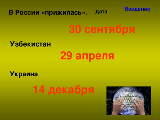 Введение В России «прижилась». дата 30 сентября Узбекистан   29 апреля Украина 14 декабря