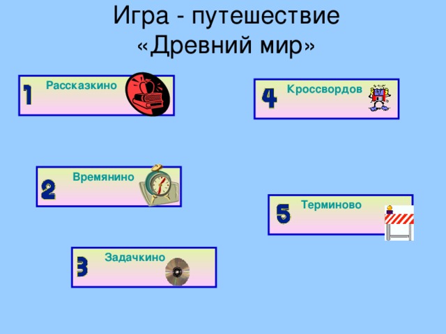 Игра - путешествие  «Древний мир»  Рассказкино  Кроссвордов   Времянино   Терминово   Задачкино