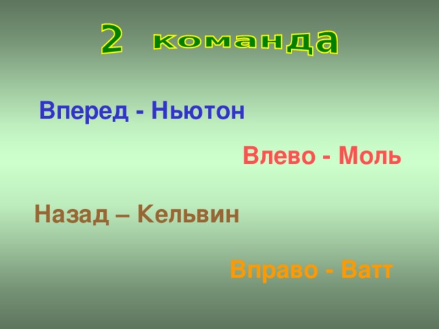 Вперед - Ньютон Влево - Моль Назад – Кельвин  Вправо - Ватт