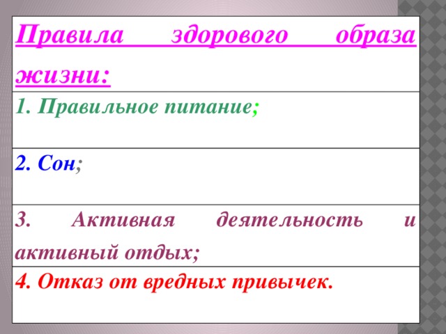 Правила здорового образа жизни: 1. Правильное питание ; 2. Сон ; 3. Активная деятельность и активный отдых; 4. Отказ от вредных привычек.