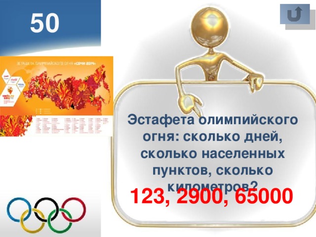 50 Эстафета олимпийского огня: сколько дней, сколько населенных пунктов, сколько километров? 123, 2900, 65000