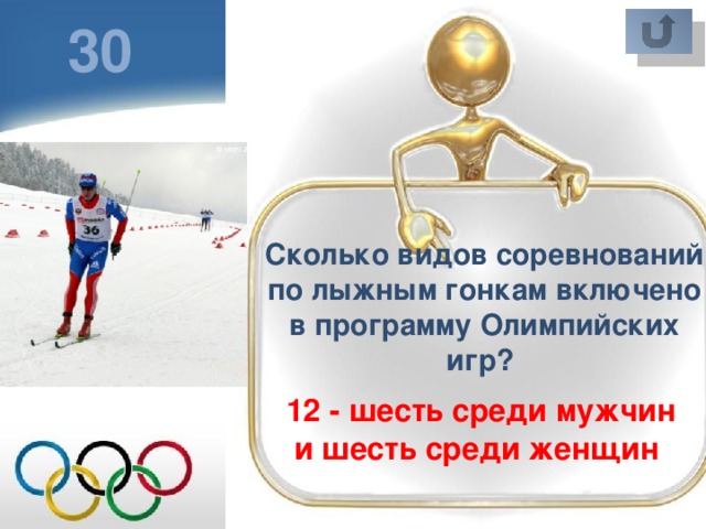 30 Сколько видов соревнований по лыжным гонкам включено в программу Олимпийских игр? 12 - шесть среди мужчин и шесть среди женщин 
