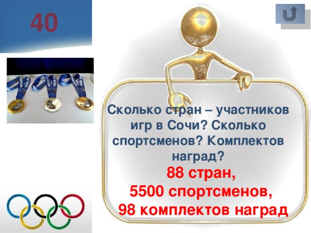 40 Сколько стран – участников игр в Сочи? Сколько спортсменов? Комплектов наград? 88 стран, 5500 спортсменов, 98 комплектов наград