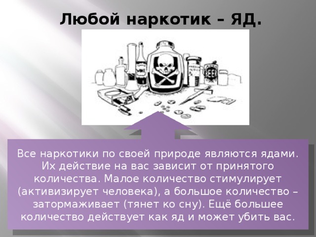 Любой наркотик – ЯД. Все наркотики по своей природе являются ядами. Их действие на вас зависит от принятого количества. Малое количество стимулирует (активизирует человека), а большое количество – затормаживает (тянет ко сну). Ещё большее количество действует как яд и может убить вас.