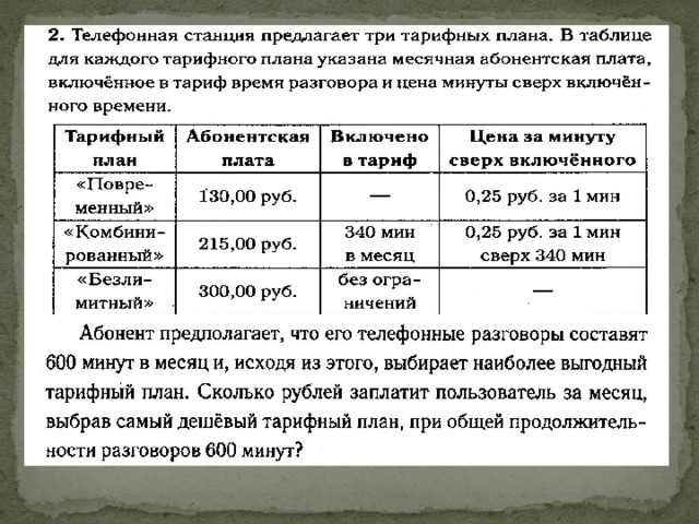 Телефонная компания предоставляет на выбор три тарифных плана 600 минут в месяц 2 руб