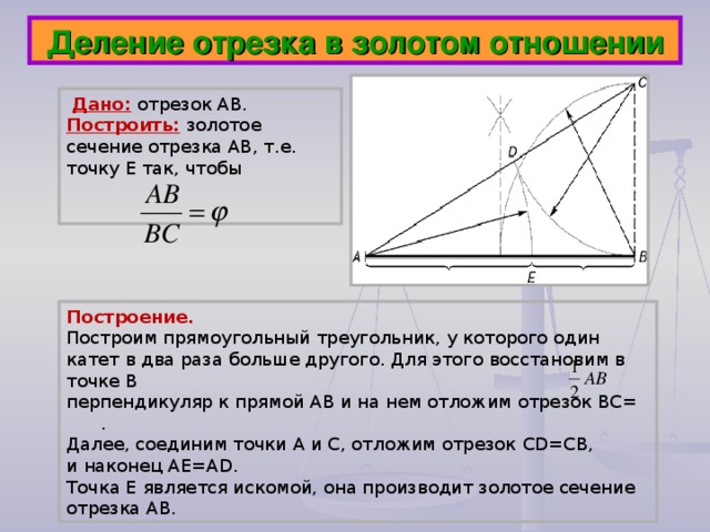 Деление отрезка в золотом отношении  Дано:  отрезок АВ. Построить:  золотое сечение отрезка АВ, т.е. точку Е так, чтобы Построение. Построим прямоугольный треугольник, у которого один катет в два раза больше другого. Для этого восстановим в точке В перпендикуляр к прямой АВ и на нем отложим отрезок ВС= . Далее, соединим точки А и С, отложим отрезок CD = CB , и наконец AE = AD . Точка Е является искомой, она производит золотое сечение отрезка АВ.