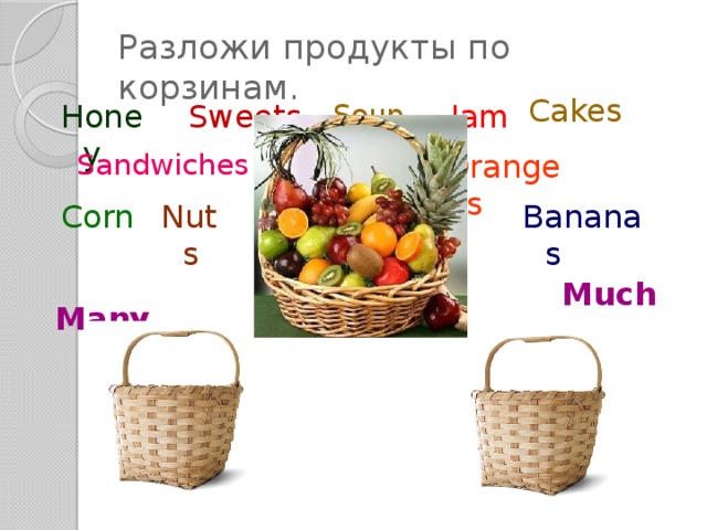 Разложи продукты по корзинам. Cakes Sweets Soup Jam Honey Oranges Sandwiches Porridge Nuts Bananas Milk Potatoes Corn Much Many