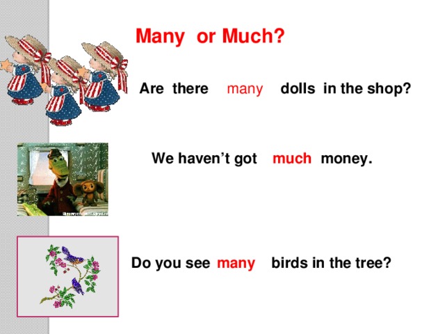 Many or Much? Are there many dolls in the shop? We haven’t got much money. Do you see many birds in the tree?