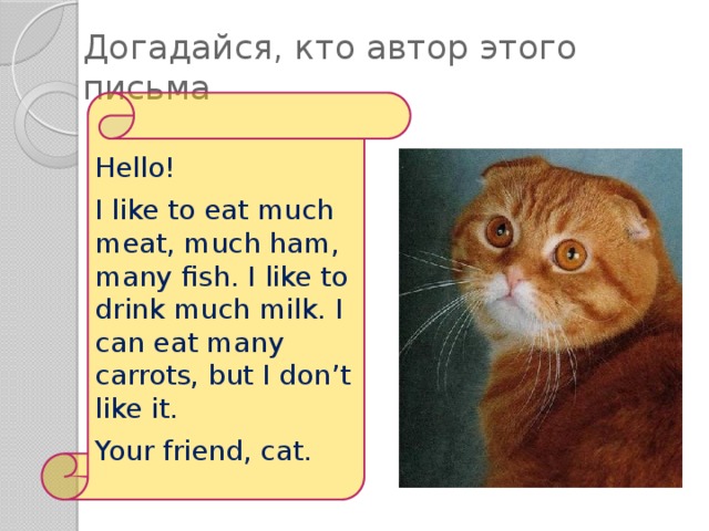 Догадайся, кто автор этого письма Hello! I like to eat much meat, much ham, many fish. I like to drink much milk. I can eat many carrots, but I don’t like it. Your friend, cat.